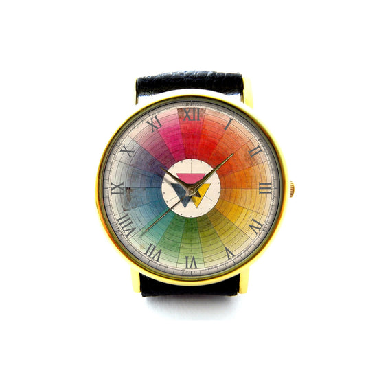 Vintage Color Wheel Leather Watch, Color Wheel, Color Wheel Accessory, Ladies Watch, Unisex Watch, Color Wheel Jewelry, Pattern 2