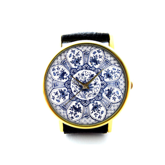 Delft Leather Watch, Delft Accessory, Ladies Watch, Mens Watch, Delft Jewelry, Pattern 1