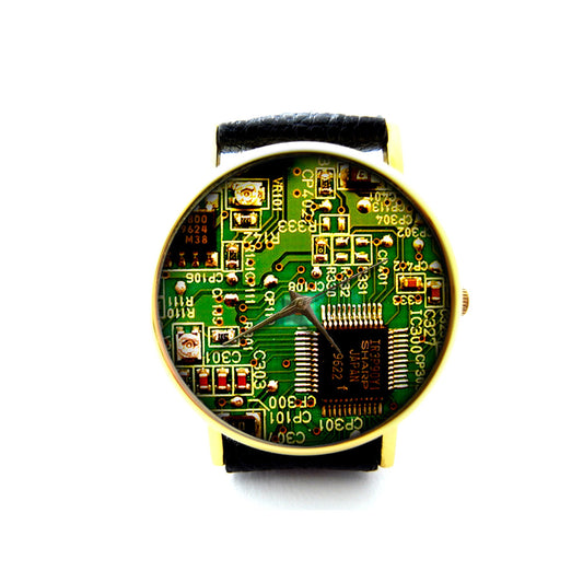 Circuit Board Leather Watch, Unisex Watch, Ladies Watch, Mens Watch, Circuit Board Jewelry, Pattern 1