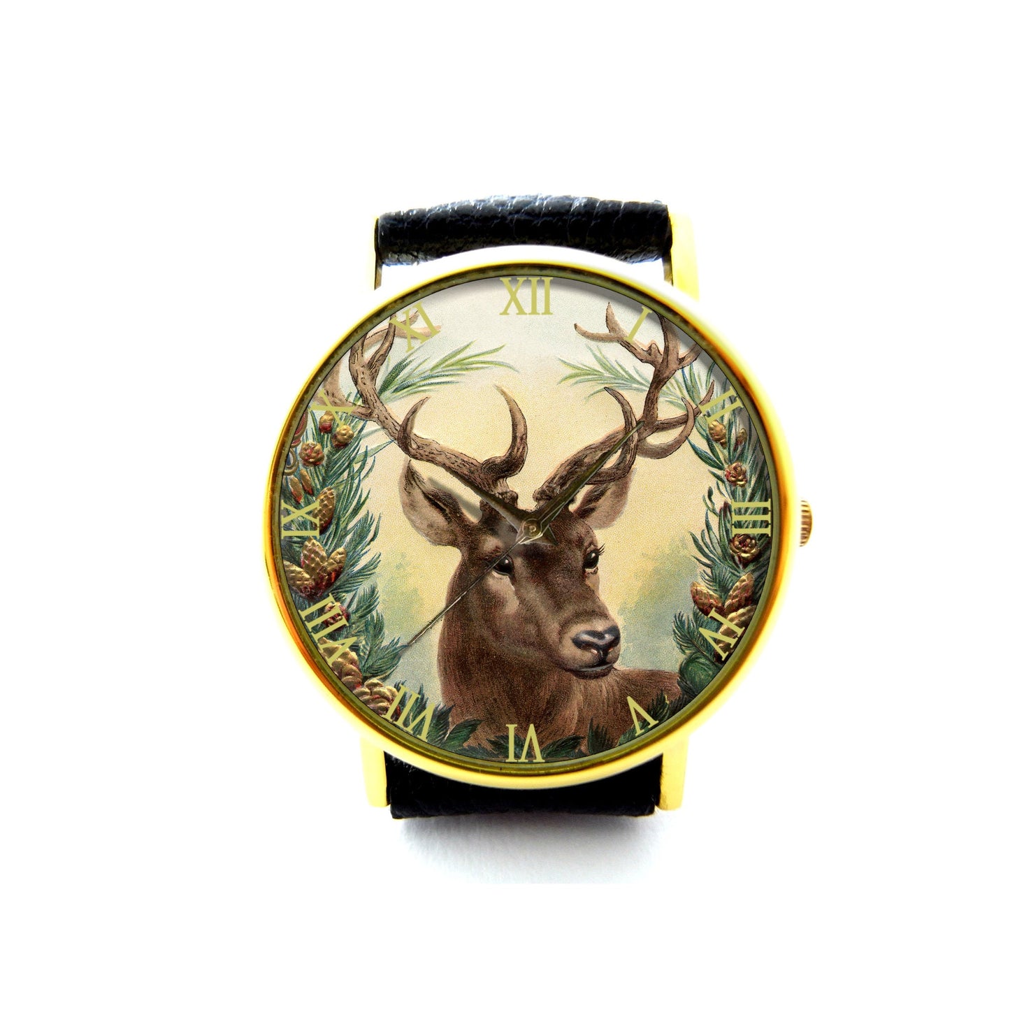 Vintage Deer Stag Leather Watch, Unisex Watch, Ladies Watch, Mens Watch, Deer Jewelry, Pattern 2