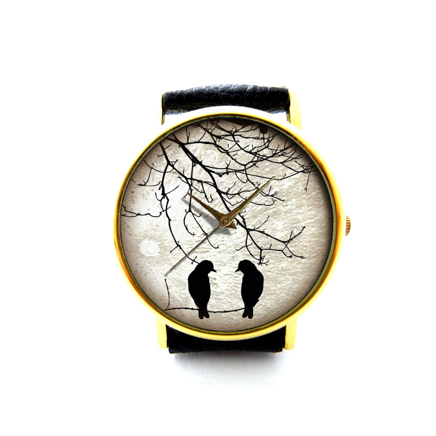 Birds And Moon Leather Watch, Birds On Tree Leather Watch, Unisex Watch, Ladies Watch, Mens Watch, Birds Jewelry, Pattern 9