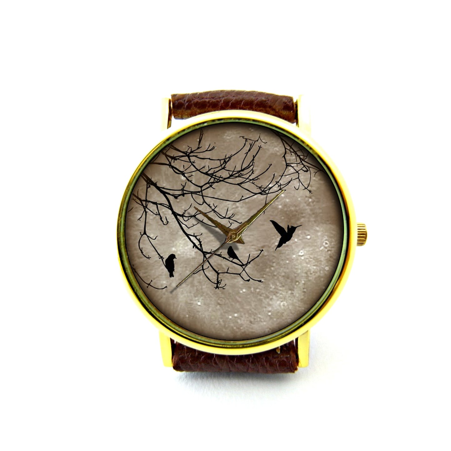 Birds And Moon Leather Watch, Birds On Tree Leather Watch, Unisex Watch, Ladies Watch, Mens Watch, Birds Jewelry, Pattern 8