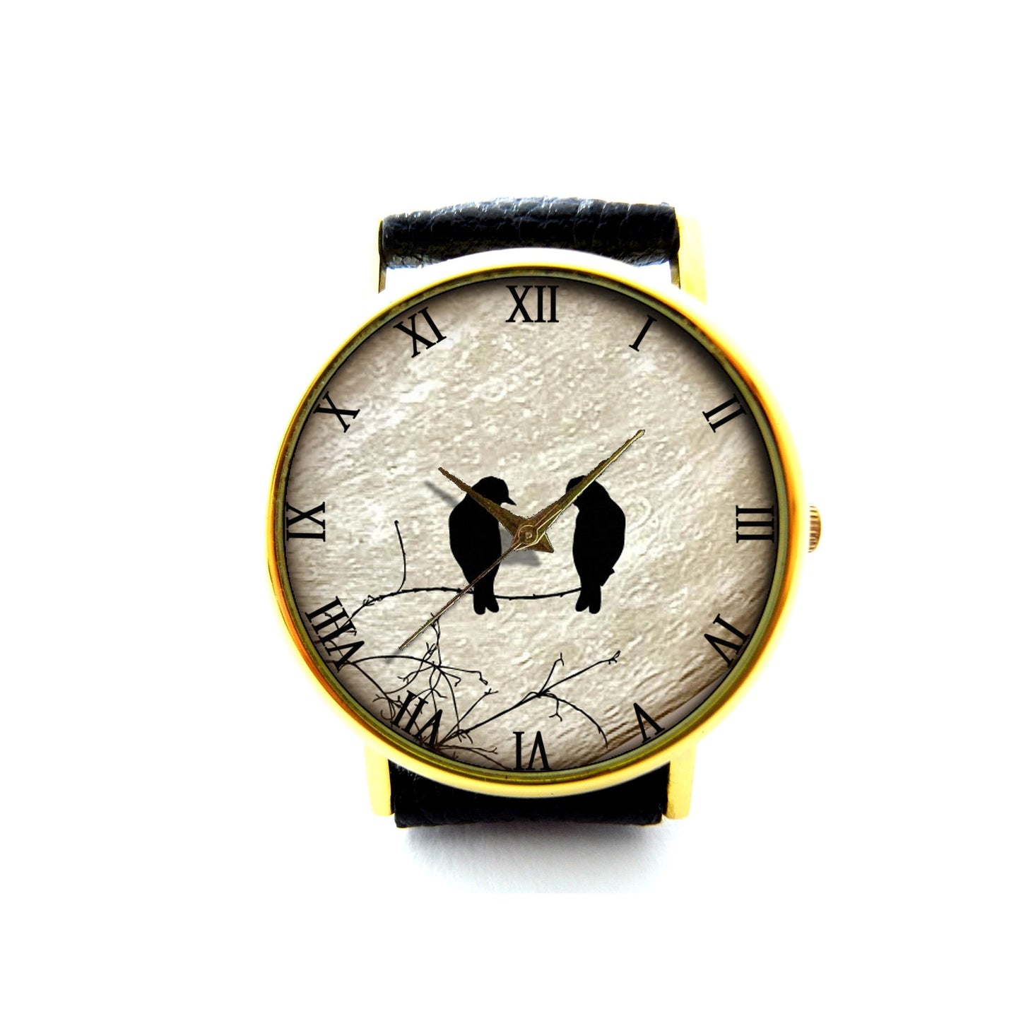 Birds And Moon Leather Watch, Birds On Tree Leather Watch, Unisex Watch, Ladies Watch, Mens Watch, Birds Jewelry, Pattern 1