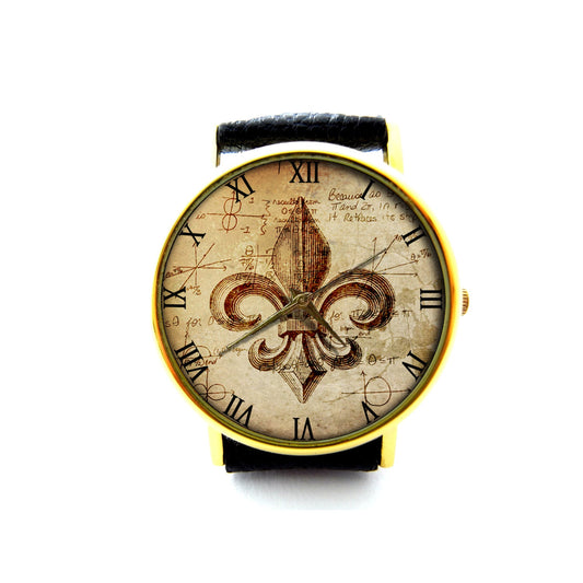 Fleur De Lis Leather Watch, Wisdom Circles Leather Watch, Art Leather Watch, Ladies Watch, Mens Watch, Fleur De Lis Jewelry