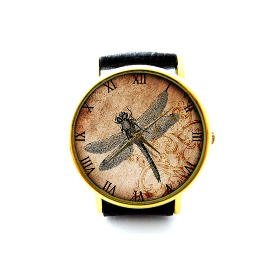 Dragonfly Leather Watch, Wisdom Circles Leather Watch, Dragonfly, Art Leather Watch, Ladies Watch, Mens Watch, Dragonfly Jewelry