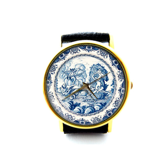 Delft Leather Watch, Delft Accessory, Ladies Watch, Mens Watch, Delft Jewelry, Pattern 2