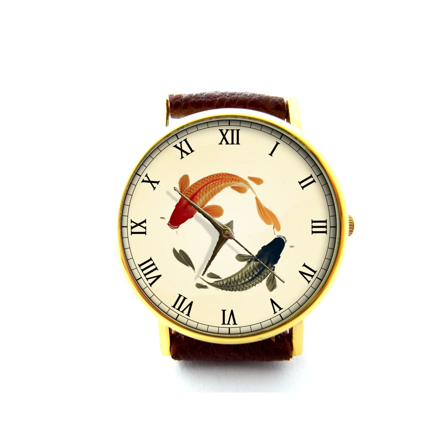 Koi Fish Yin Yang Art Vintage Leather Watch, Unisex Watch, Ladies Watch, Mens Watch, Personalized Watch