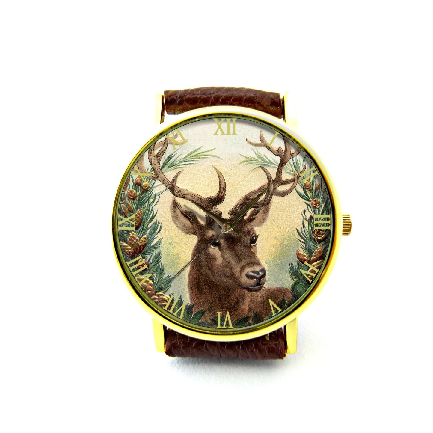 Vintage Deer Stag Leather Watch, Unisex Watch, Ladies Watch, Mens Watch, Deer Jewelry, Pattern 2