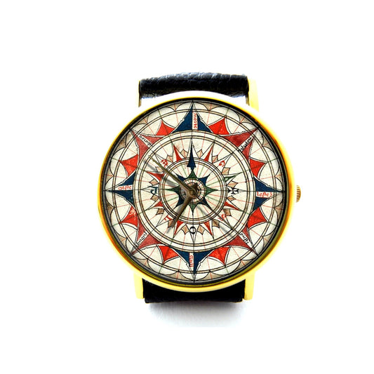 Compass Leather Watch, Vintage Compass Watch, Antique Compass Watch, Compass Watch, Ladies Mens Watch, Compass Jewelry, Pattern 4