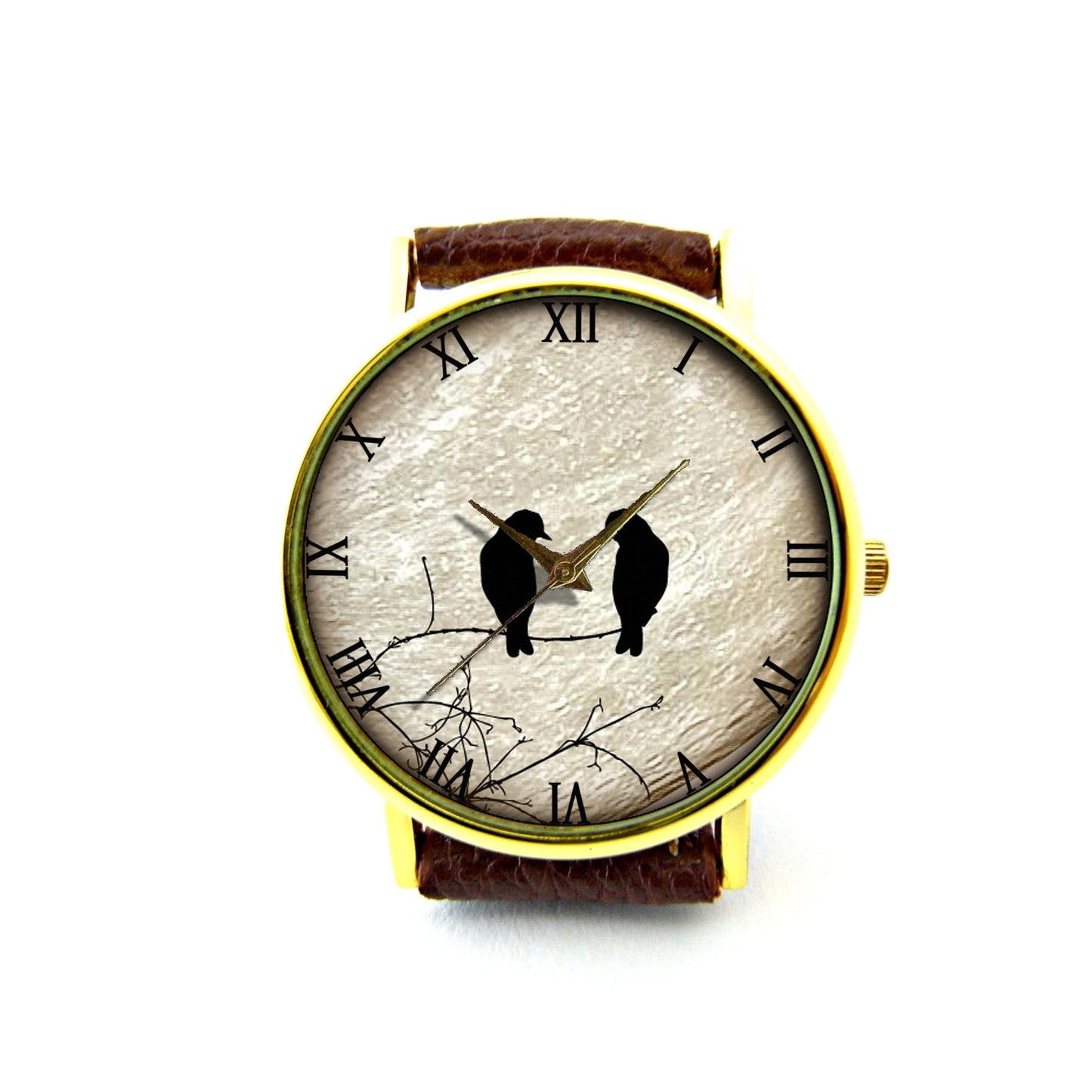 Birds And Moon Leather Watch, Birds On Tree Leather Watch, Unisex Watch, Ladies Watch, Mens Watch, Birds Jewelry, Pattern 1