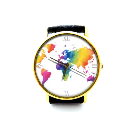 Rainbow world map Leather Watch, watercolour world map Ladies Watch, Unisex Watch, world map Jewellery