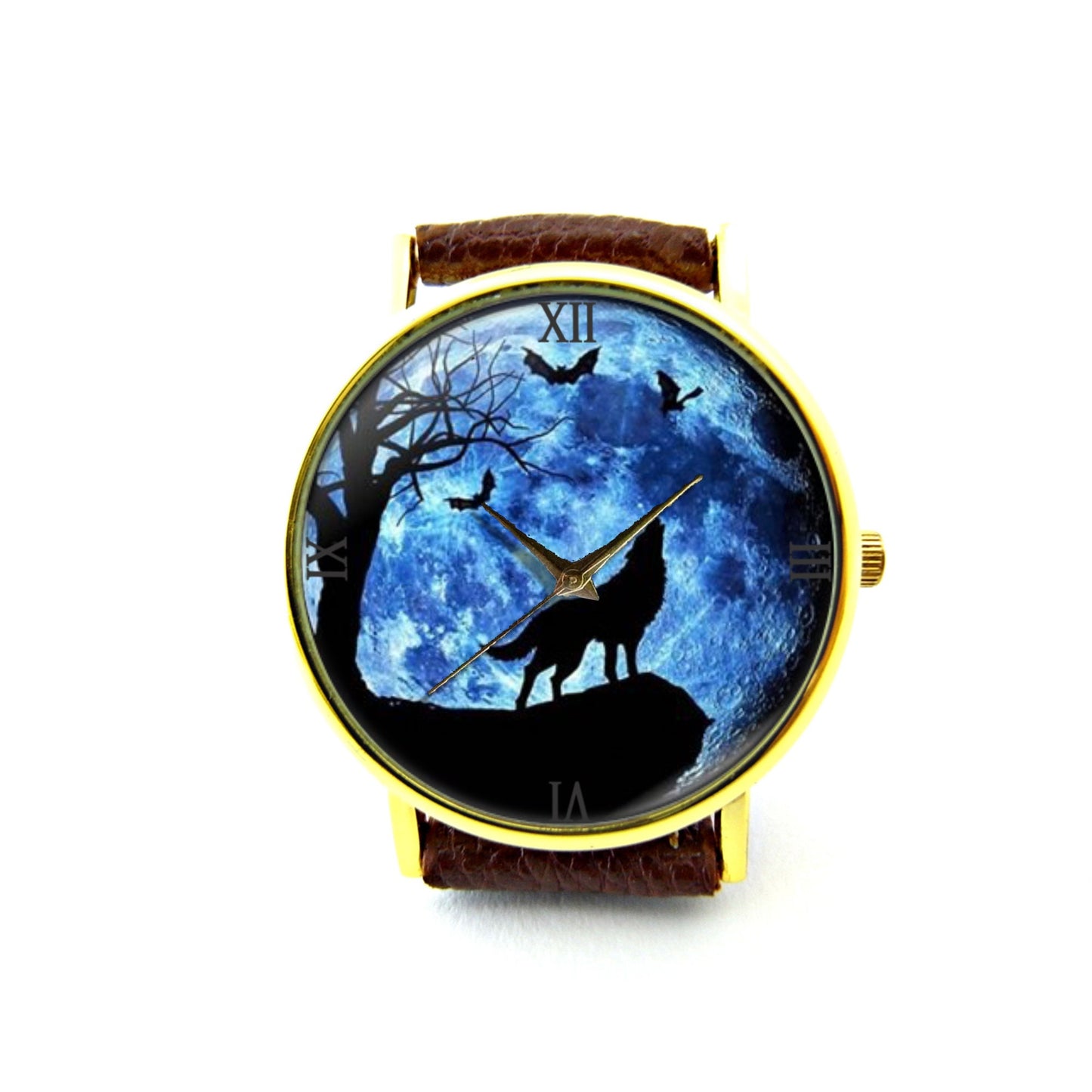 Wolf and Bat Leather Watch, Wolf and Bat Ladies Watch, Unisex Watch, Wolf and Bat Jewellery