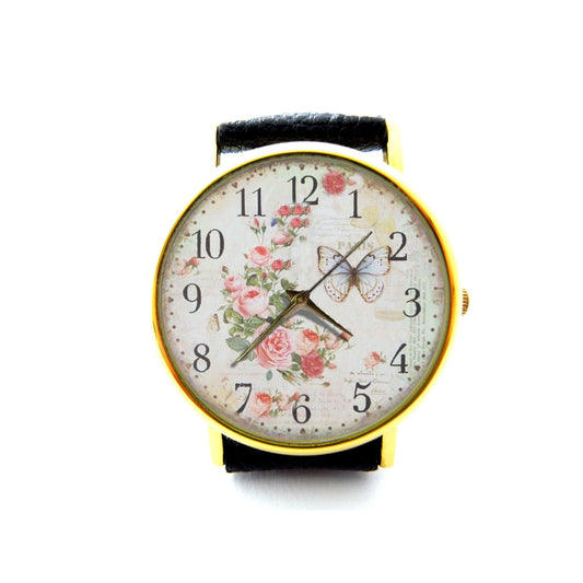 Flower Leather Watch, Butterfly Ladies Watch, Unisex Watch, Butterfly Flower Rose Jewellery