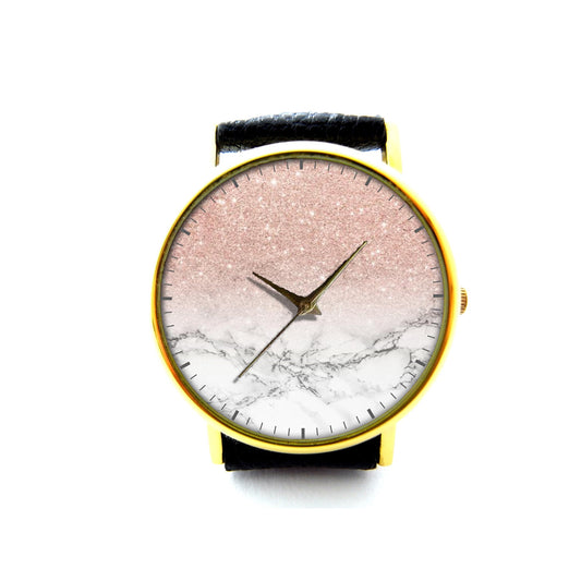 Rose Gold Glitter White Marble Leather Watch, Pink White Ladies Watch, Unisex Watch, Rose Gold Glitter White Marble Jewellery