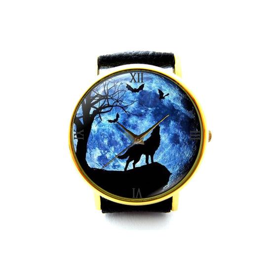 Wolf and Bat Leather Watch, Wolf and Bat Ladies Watch, Unisex Watch, Wolf and Bat Jewellery