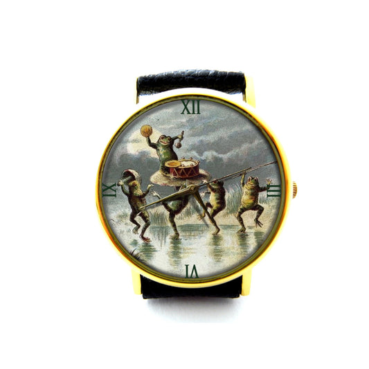 Frogs's Party Leather Watch, Frog Chorus Ladies Watch, Unisex Watch, Funny Frog Jewellery