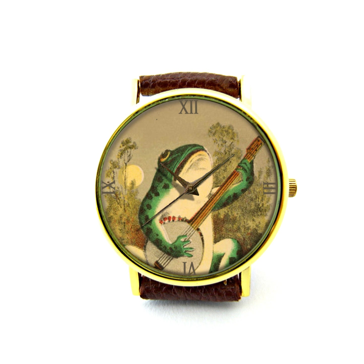 Frog Playing Guitar Leather Watch, Frog Music Ladies Watch, Unisex Watch, Funny Frog Jewellery