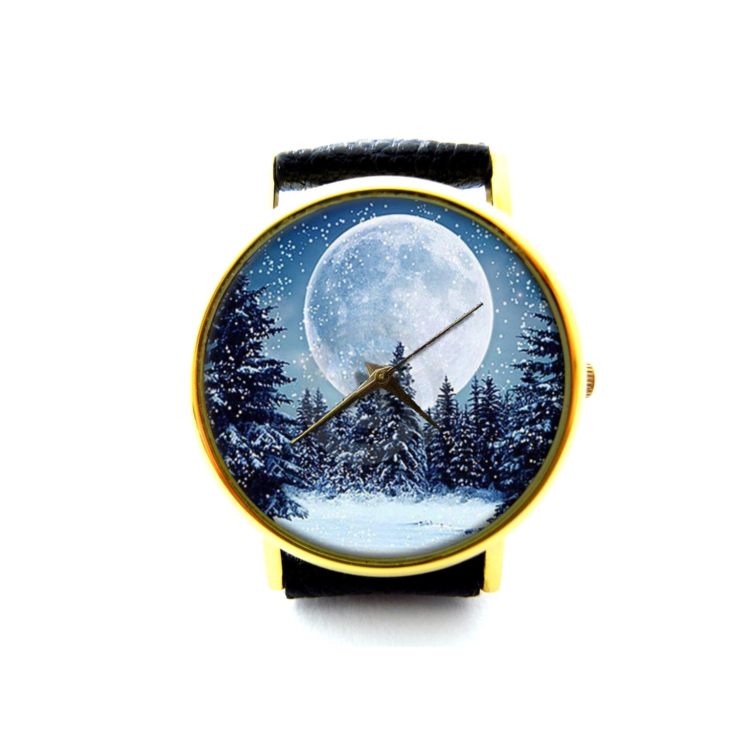 Winter Solstice Leather Watch, Winter Moon Ladies Watch, Unisex Watch, Snowflakes Jewelry, New Moon Jewelry