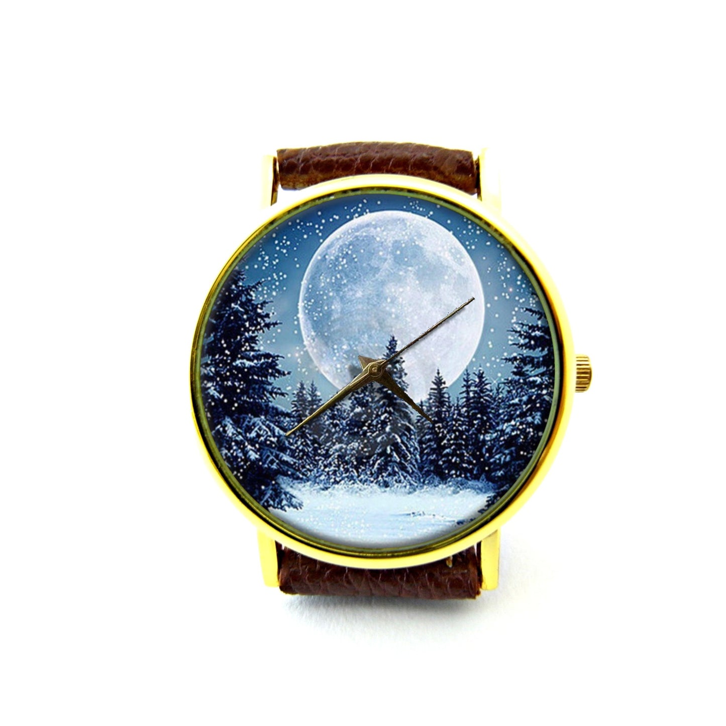 Winter Solstice Leather Watch, Winter Moon Ladies Watch, Unisex Watch, Snowflakes Jewelry, New Moon Jewelry