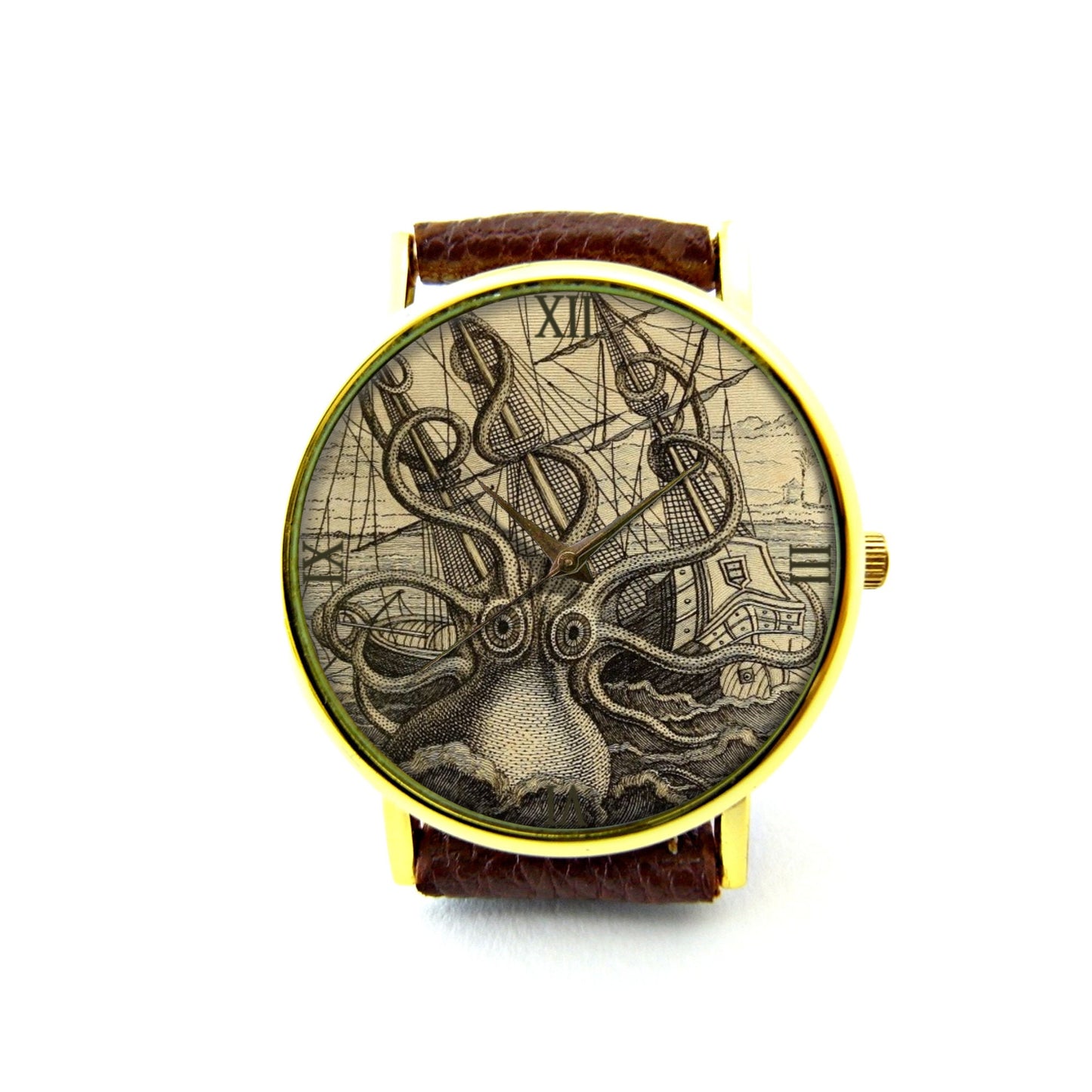 Vintage Kraken Octopus Illustration Leather Watch, Sea Monster Ladies Watch, Unisex Watch, Vintage Octopus Jewelry