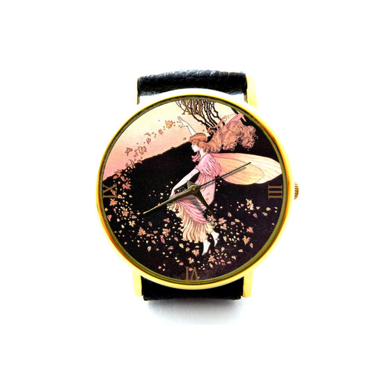 Autumn Fairy Leather Watch, Antique Fairy Ladies Watch, Unisex Watch, Fairy Tale Jewelry