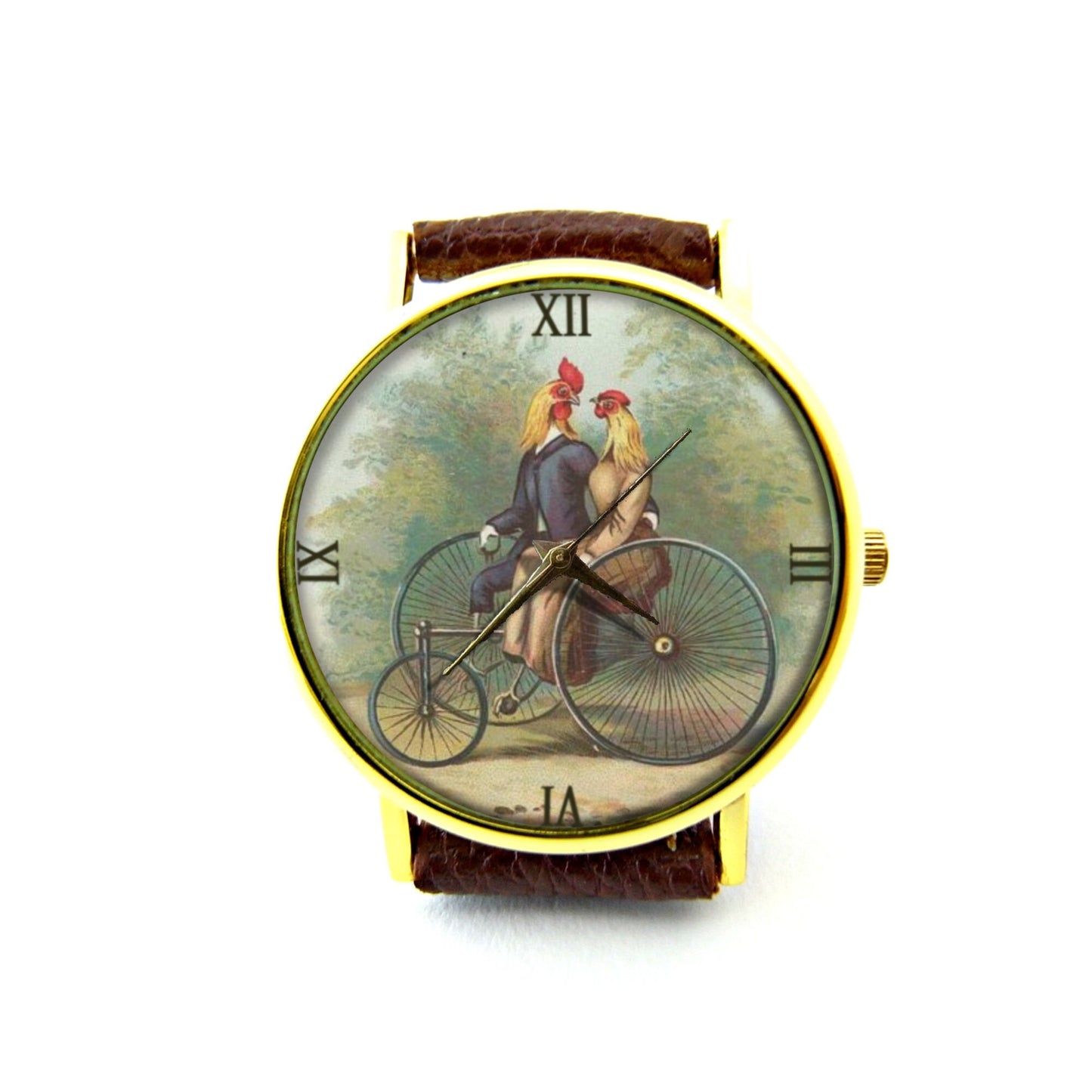 Bicycle Built for Two Leather Watch, Cyclist Ladies Watch, Unisex Watch, Chicken Jewelry, Chicken Art, Bicycle Art Watch