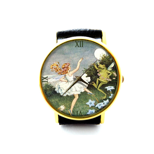 Frog and Fairy Leather Watch, Frog Ladies Watch, Unisex Watch, Fairy Frog Dancing Jewelry