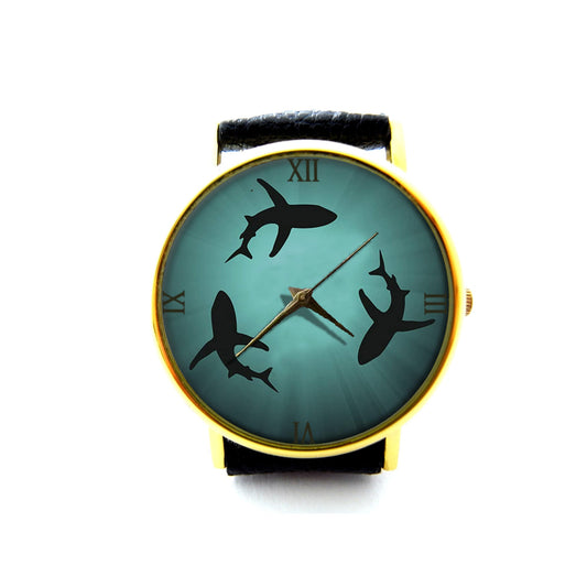 Circling Sharks Art Leather Watch, Shark Ladies Watch, Unisex Watch, Ocean Jewelry