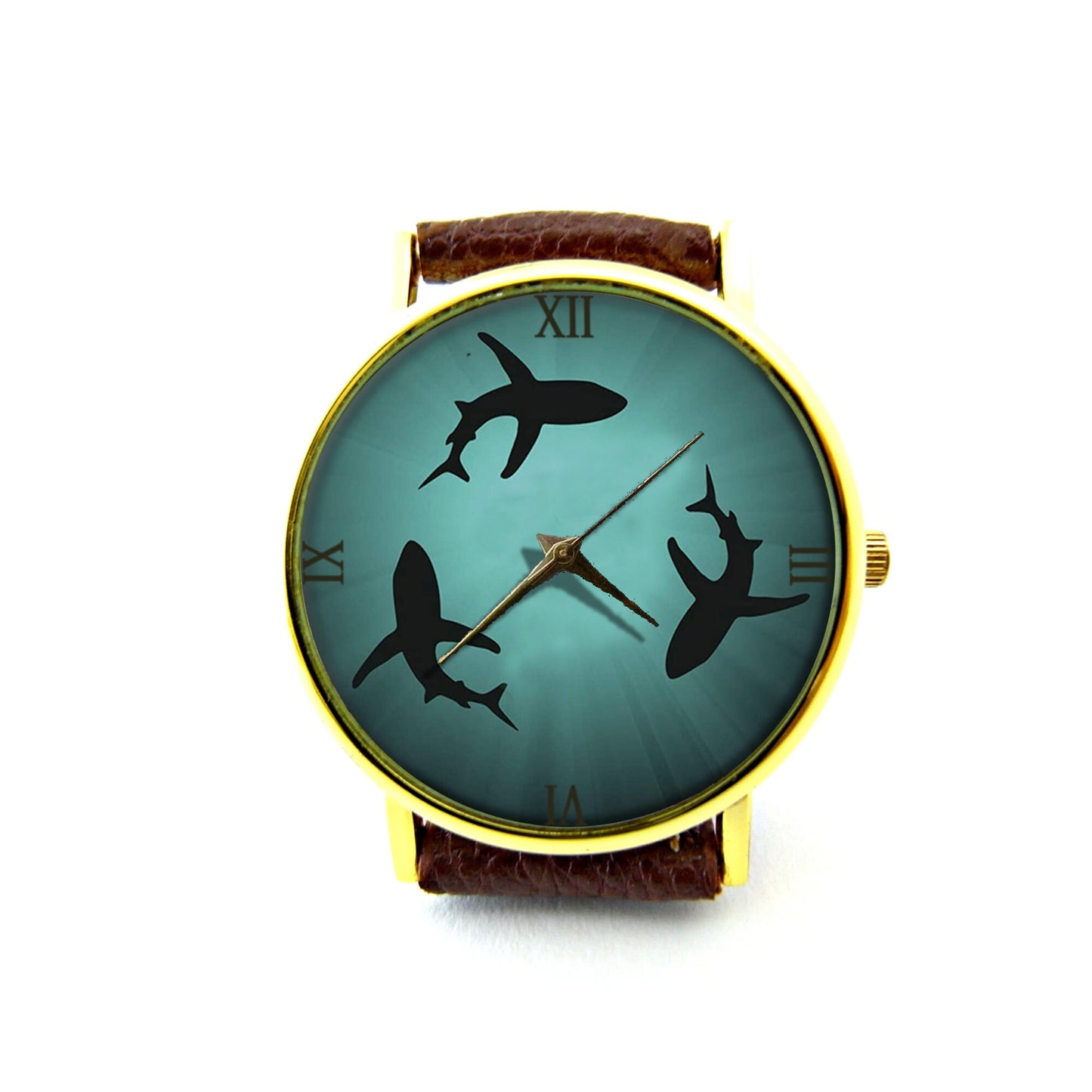 Circling Sharks Art Leather Watch, Shark Ladies Watch, Unisex Watch, Ocean Jewelry