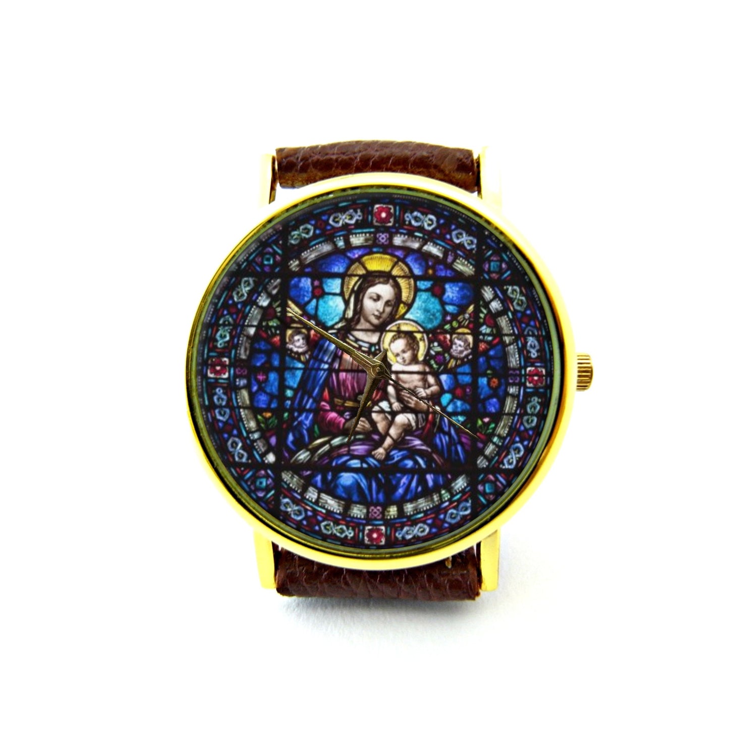 Virgin Mary and Child Stained Glass Leather Watch, Virgin Mary Ladies Watch, Unisex Watch, Christian Jewelry, Baby Jesus Jewelry