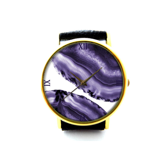 Ultra Violet Agate Leather Watch, Artwork Ladies Watch, Unisex Watch, Ultra Violet Agate Jewelry