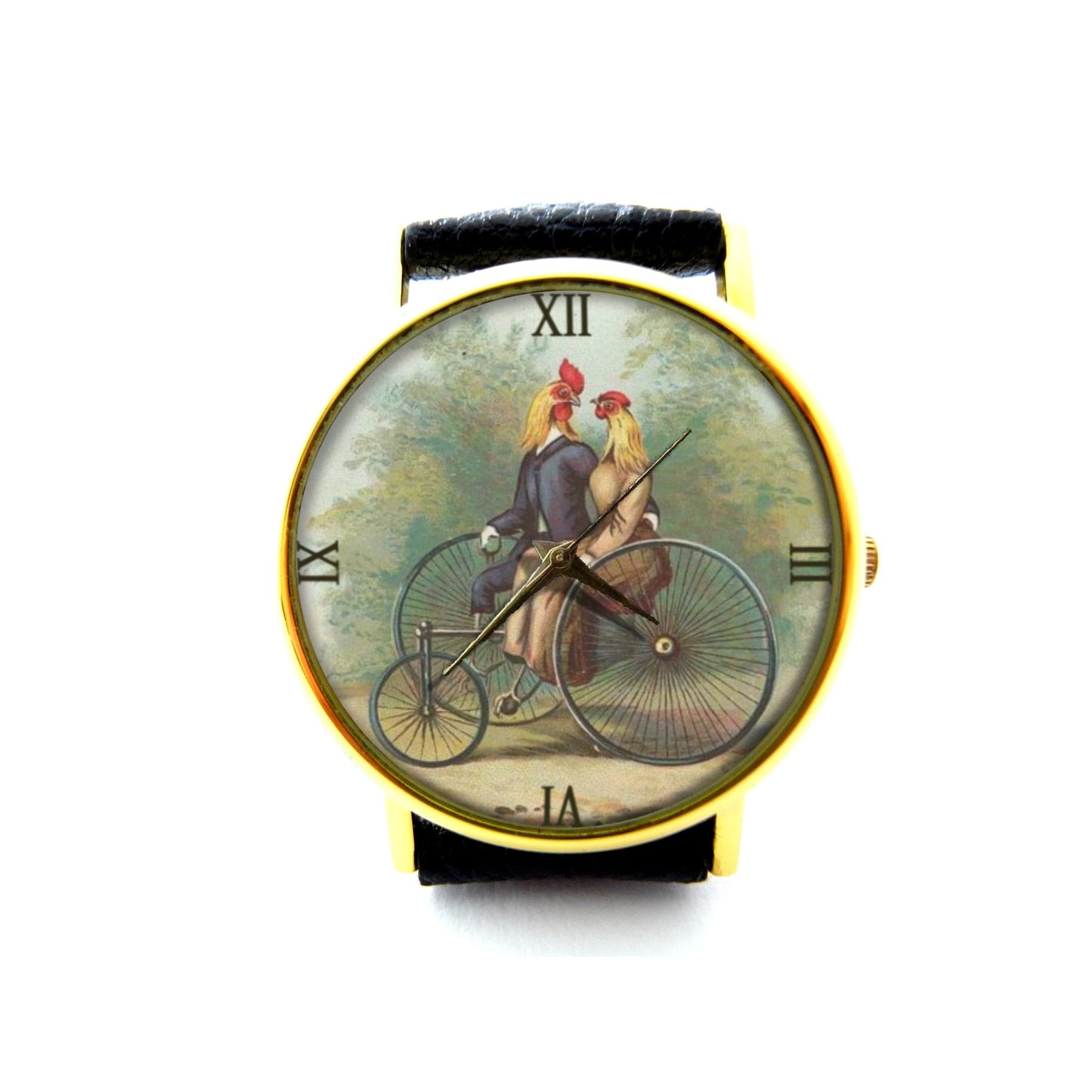 Bicycle Built for Two Leather Watch, Cyclist Ladies Watch, Unisex Watch, Chicken Jewelry, Chicken Art, Bicycle Art Watch