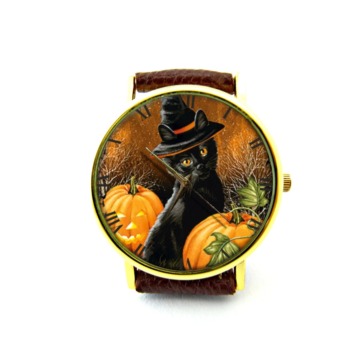 Black Cat Pumpkin Leather Watch, Halloween Ladies Watch, Black Cat Watch, Unisex Watch, Black Cat Jewelry, Vintage Style Jewelry