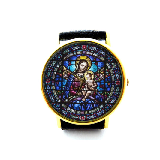 Virgin Mary and Child Stained Glass Leather Watch, Virgin Mary Ladies Watch, Unisex Watch, Christian Jewelry, Baby Jesus Jewelry