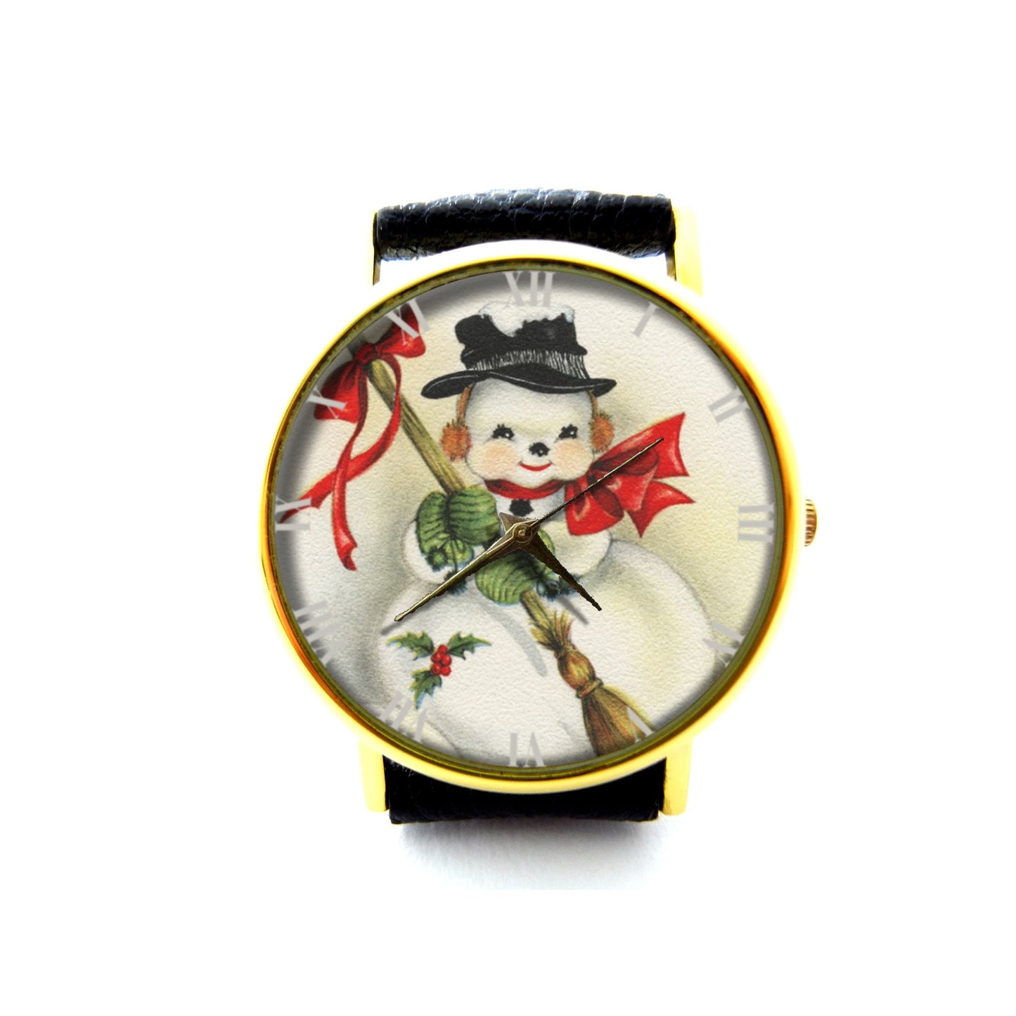 Vintage Happy Snowman Leather Watch, Christmas Watch, Snowman Watch, Unisex Watch, Christmas Jewelry, Christmas Gift, Holiday Gift