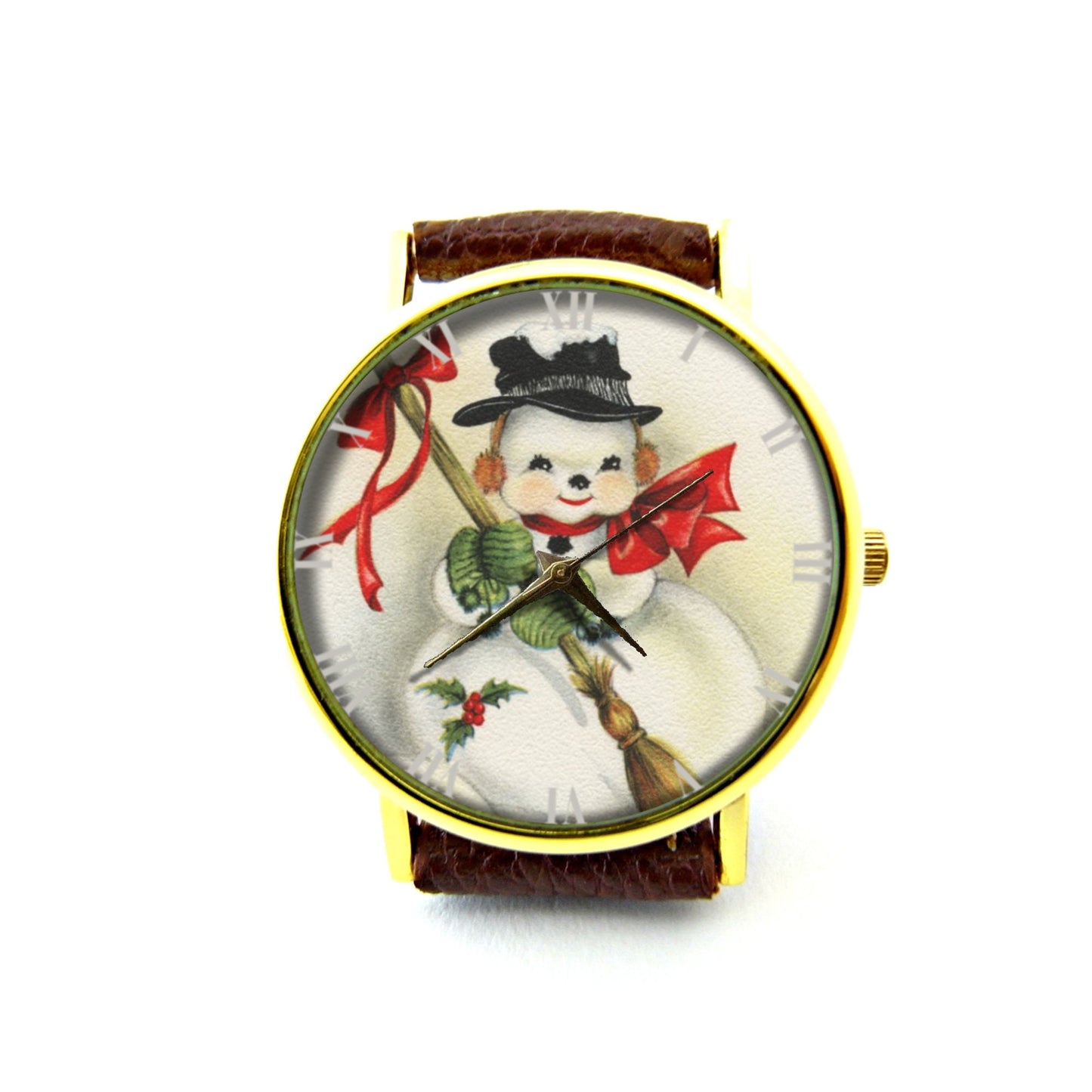 Vintage Happy Snowman Leather Watch, Christmas Watch, Snowman Watch, Unisex Watch, Christmas Jewelry, Christmas Gift, Holiday Gift