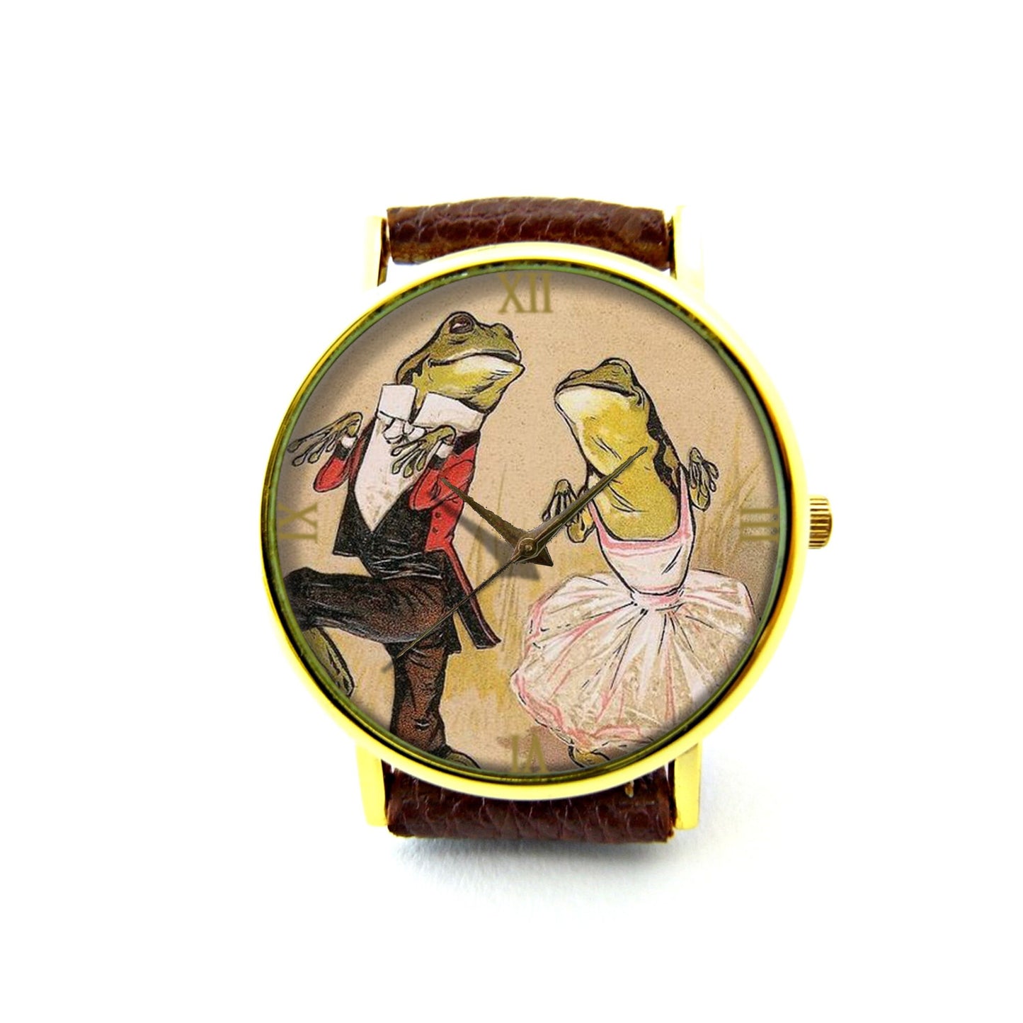 Jitterbug Frogs Leather Watch, Frog Ladies Watch, Unisex Watch, Funny Frog Jewellery