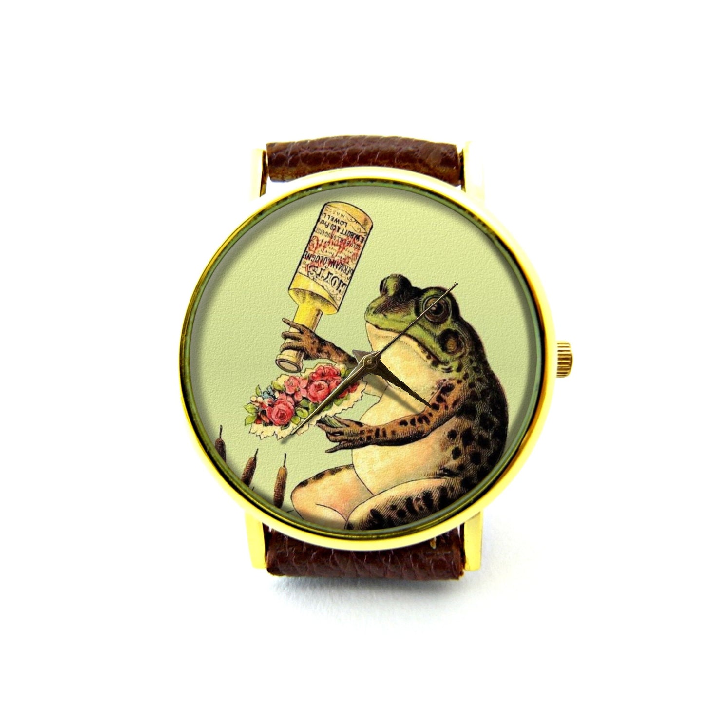 Frog and Flower Bouquet Leather Watch, Frog Flower Ladies Watch, Unisex Watch, Funny Frog Jewellery