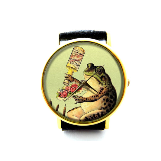 Frog and Flower Bouquet Leather Watch, Frog Flower Ladies Watch, Unisex Watch, Funny Frog Jewellery