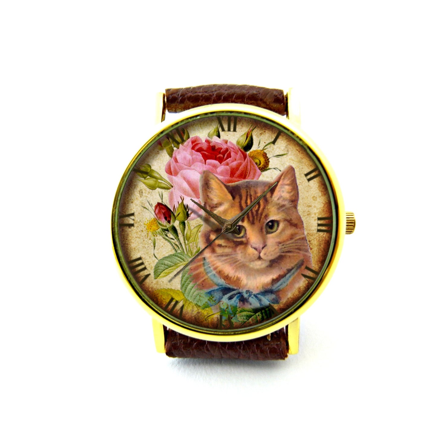 Aged Ephemera Cat Leather Watch, Aged Ephemera Watch, Cat Watch, Unisex Watch, Ladies Watch, Mens Watch, Cat Jewelry