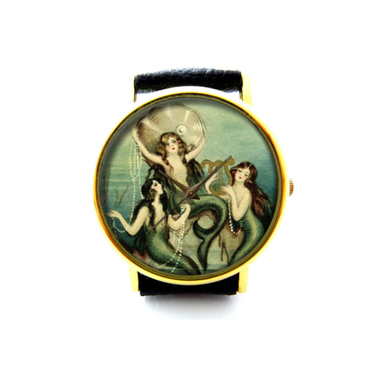 Three Mermaids Leather Watch, Mermaid Jewelry Sirens of the Sea Fairy Tales Mythology Art Watch, Unisex Watch, Mermaids Jewelry