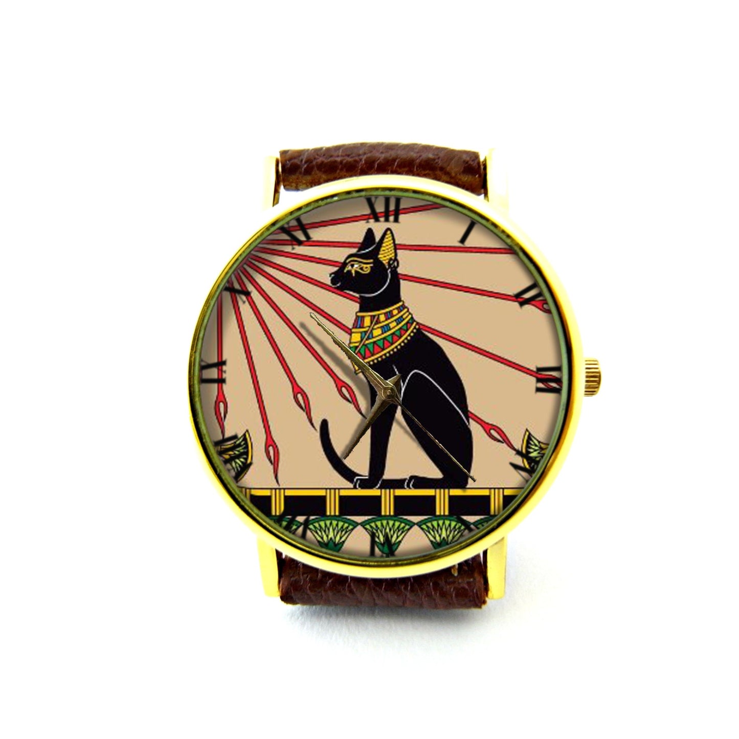 Egyptian Cat Leather Watch, Egyptian Art, Ancient Art Watch, Cat Unisex Watch, Ladies Watch, Men Watch, Egyptian Cat Jewelry