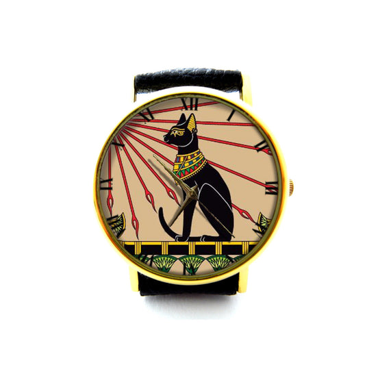 Egyptian Cat Leather Watch, Egyptian Art, Ancient Art Watch, Cat Unisex Watch, Ladies Watch, Men Watch, Egyptian Cat Jewelry