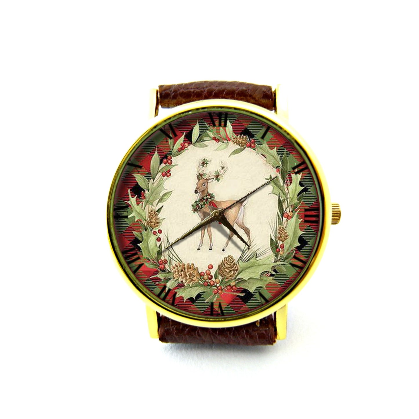 Christmas Deer Leather Watch, Vintage Christmas Ladies Watch, Unisex Watch, Winter Deer Jewelry