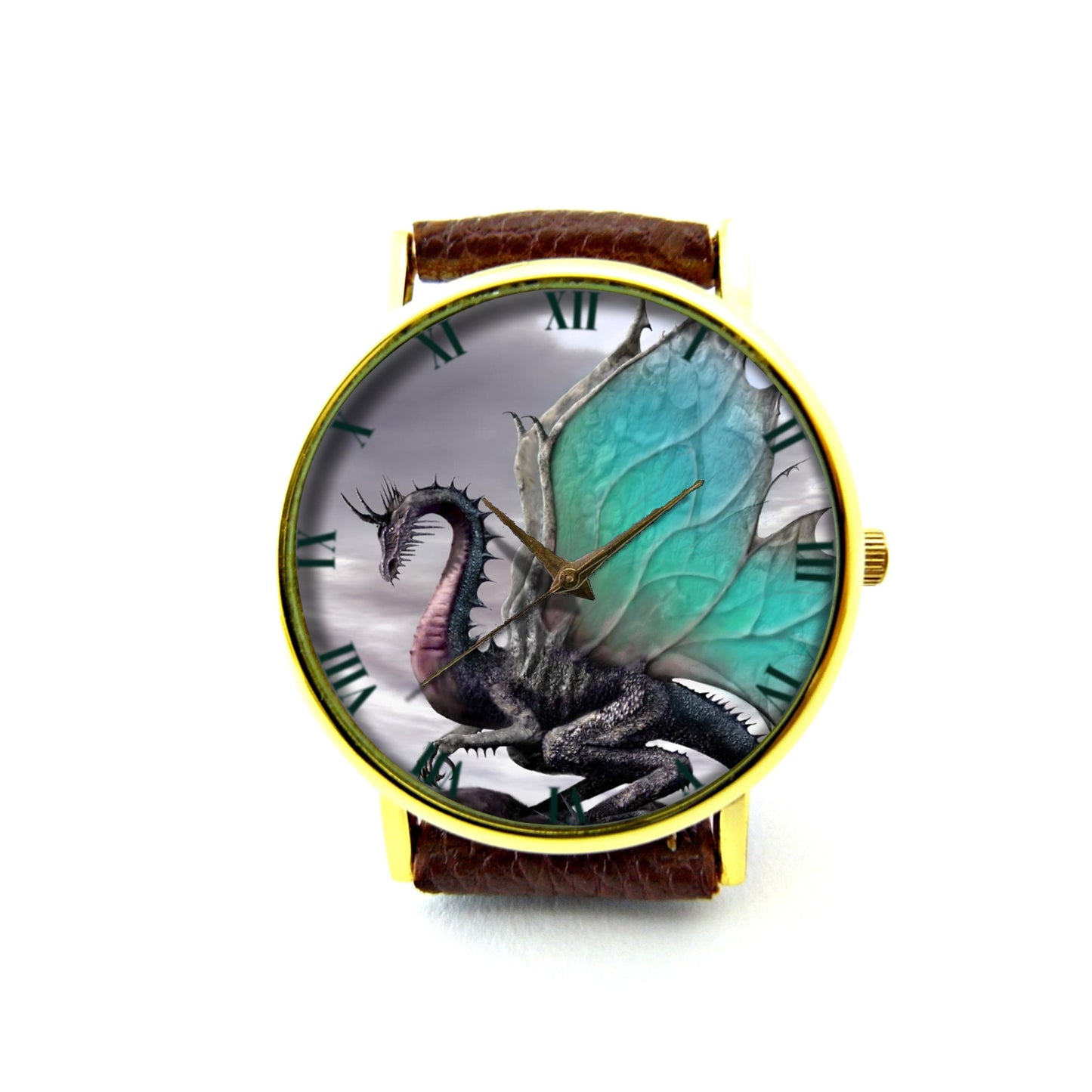 Jade-Winged Dragon Leather Watch, Jade Dragon Leather Watch, Dragon Watch, Unisex Watch, Ladies Watch, Mens Watch, Fantasy Art Jewelry