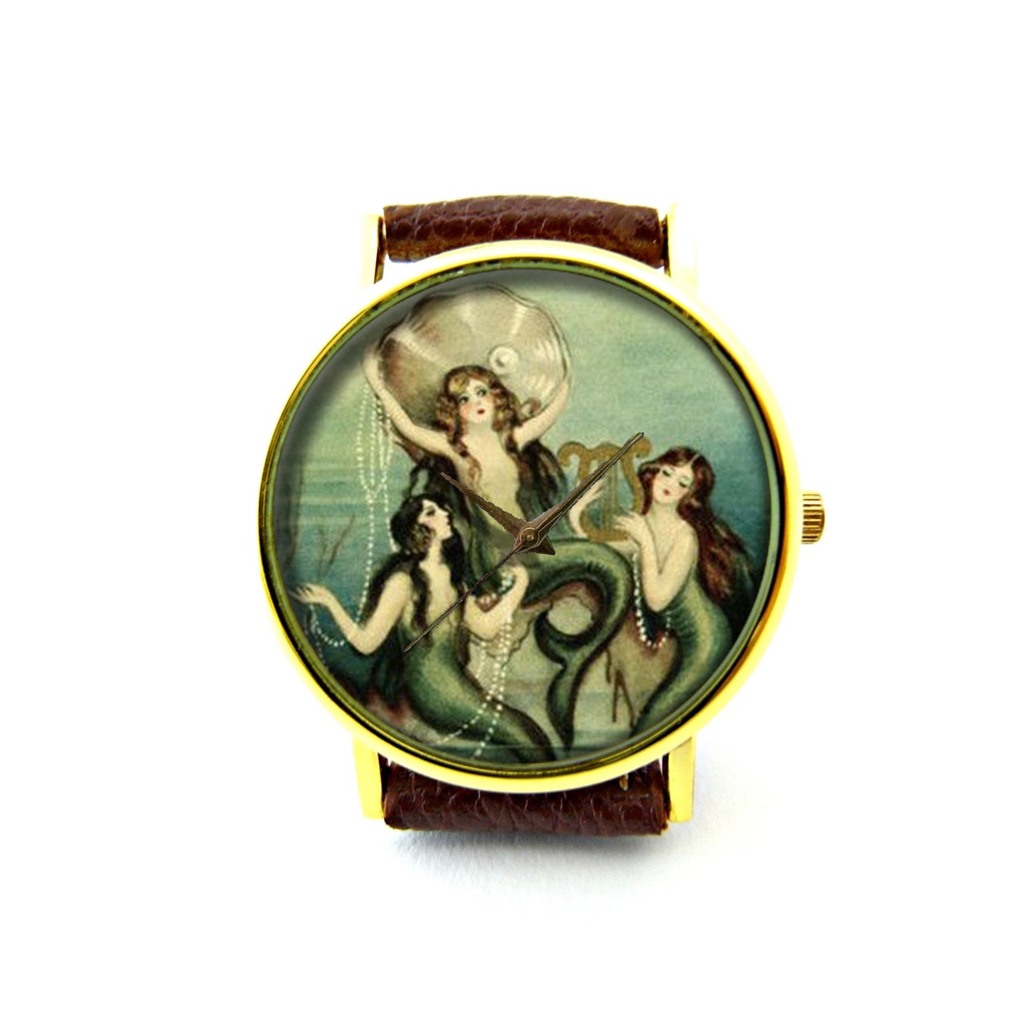 Three Mermaids Leather Watch, Mermaid Jewelry Sirens of the Sea Fairy Tales Mythology Art Watch, Unisex Watch, Mermaids Jewelry