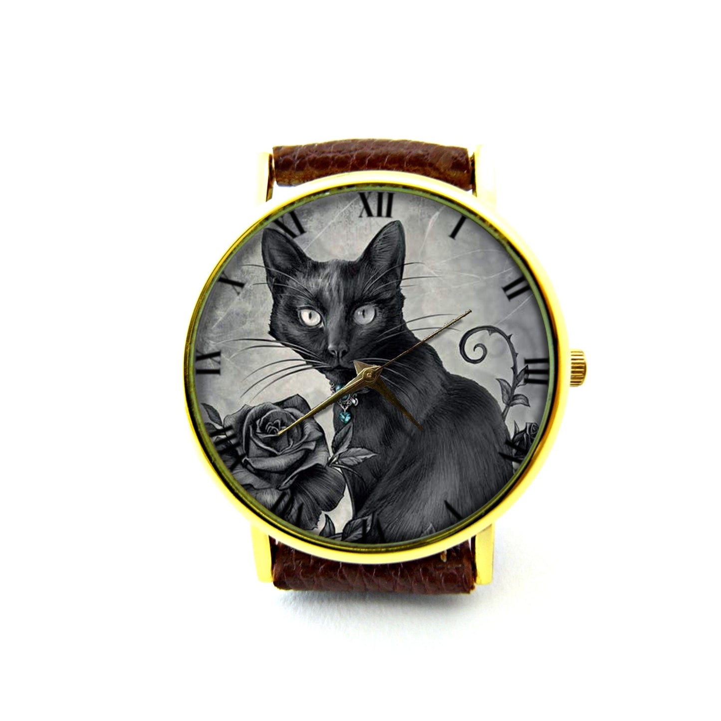 Gothic Black Cat Leather Watch, Black Rose Ladies Watch, Cat Unisex Watch, Vintage Cat Rose Watch, Black Cat Jewelry