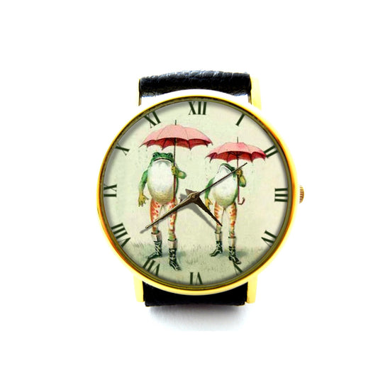 Frogs with Umbrellas Leather Watch, Frog Watch, Unisex Watch, Funny Frog Jewellery