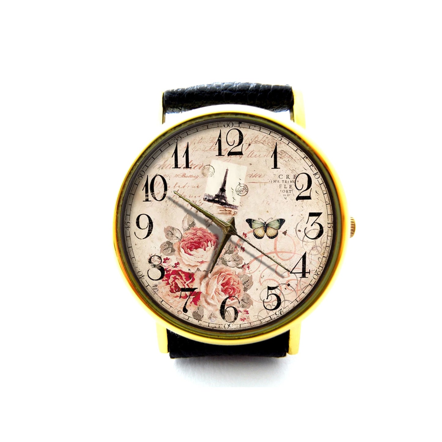 Eiffel Tower Leather Watch, Vintage Flower Leather Watch, Vintage Rose Watch, Floral Watch, Butterfly Watch, Unisex Watch, Rose Jewelry