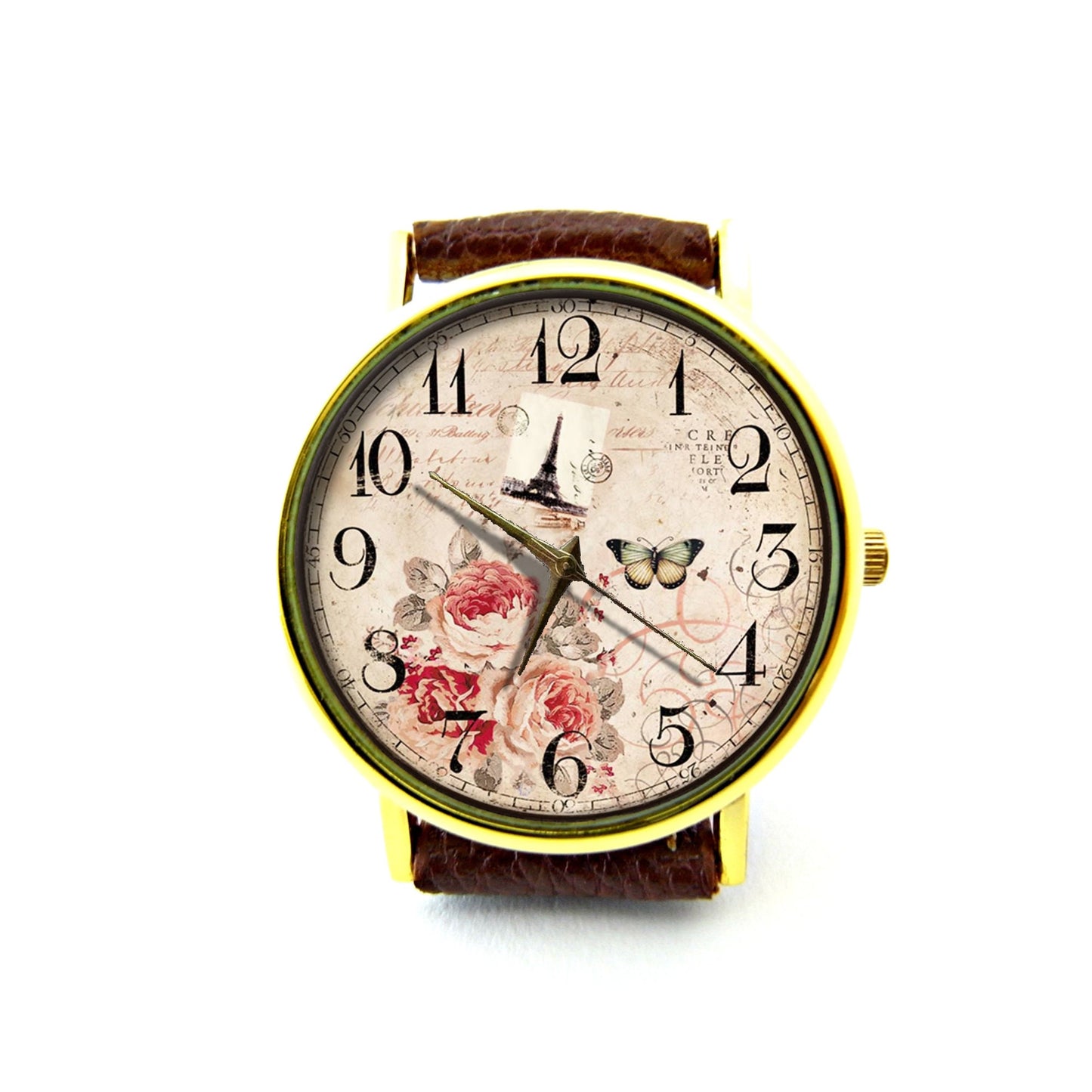 Eiffel Tower Leather Watch, Vintage Flower Leather Watch, Vintage Rose Watch, Floral Watch, Butterfly Watch, Unisex Watch, Rose Jewelry